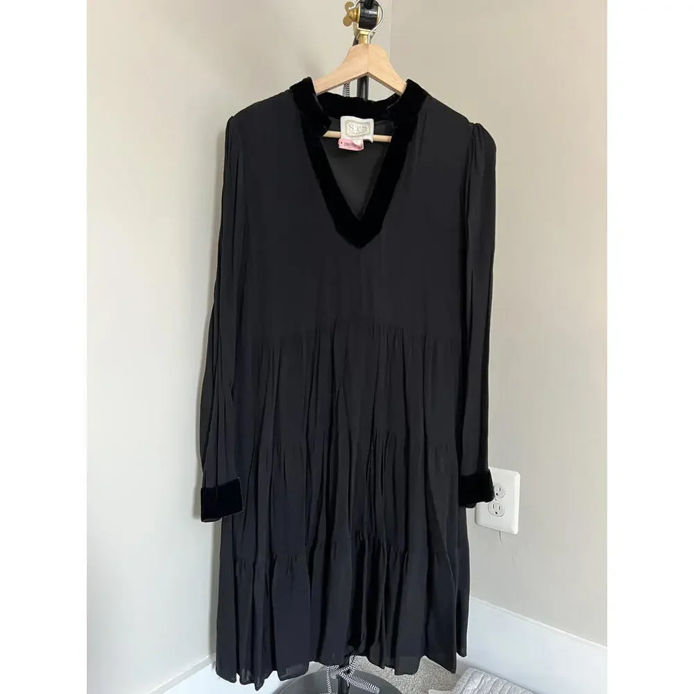 Sail to Sable STS Black Velvet Trim Flare Tunic Dress - Size Large - Picture 2 of 7